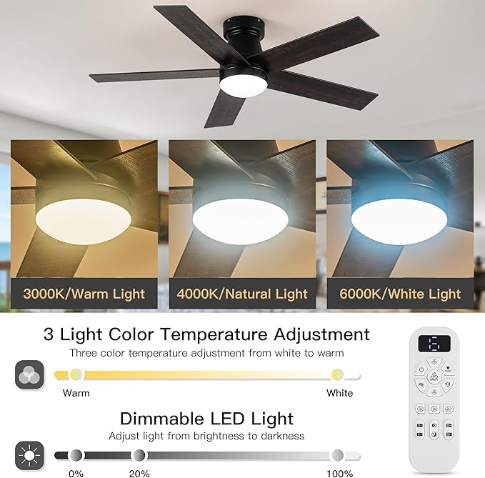 Ceiling Fans with Lights and Remote Control, Bedroom Ceiling Fan with Light 3-Color LED Dimmable and Replaceable, Memory for Lighting and Fan Reversible, 6-Speed, Timer, Indoor/Outdoor Use, 47 Inch