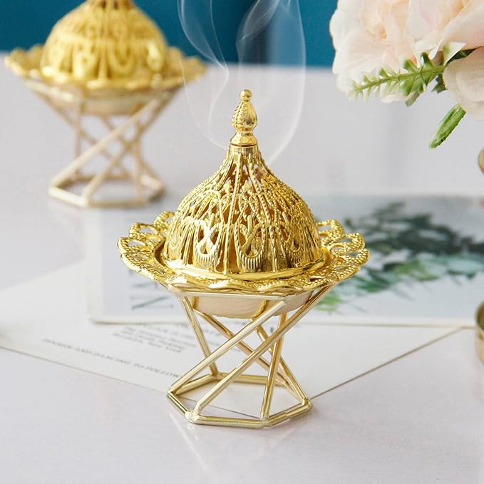 Topyond Arabic Incense Burner, Golden Metal Incense Holder, Vintage Backflow Incense Holders, Exquisite Lotus Flower Design, for Worship and Home Decor