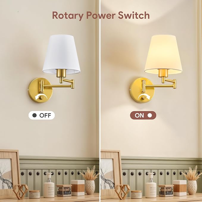 VONLUCE Swing Arm Wall Lamp, Plug in & Hardwired Wall Sconce, Adjustable Wall Mounted Lighting Fixture, Modern Wall Light with Golden Base White Fabric Shade for Bedside, Hallway, Reading