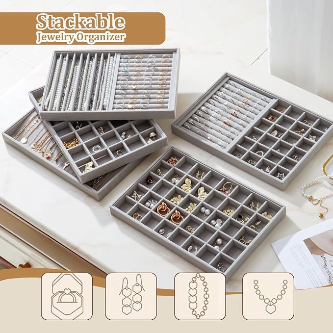 Large Velvet Jewelry Tray 2 Pack Stackable Jewelry Display Drawer Inserts Trays Organizer for Earring Bracelet Necklace Ring (Gray, 20 Hooks)