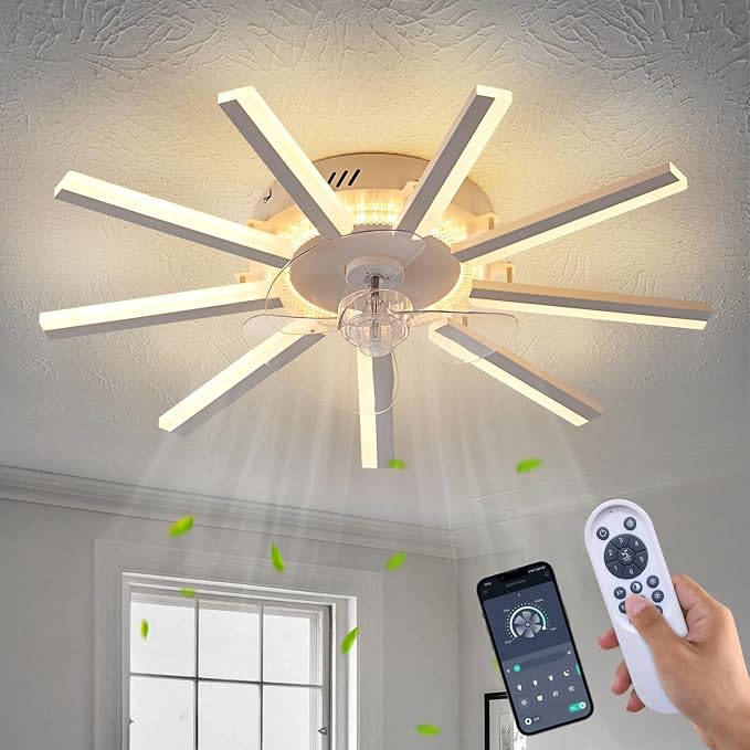 Modern LED Ceiling Fan with Light, 30" Low Profile Flush Mount Ceiling Fan with Remote & APP Control, Dimmable Smart Fandelier with 6 Speeds for Bedroom Living Room Dining Room (White)