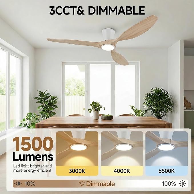 Skylike 52" Flush Mount Wood Ceiling Fan with Lights, 3 Blade Low Profile Rustic Ceiling Fan with Remote Control,Quiet Indoor/Outdoor Light Walnut Ceiling Fan for Patio,Porch, Gazebo, Bedroom