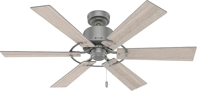 Hunter Gilrock, Indoor, Ceiling Fan, No Light, 52 inch, Matte Silver | Standard Mount, Pull Chain, 6 Blades, For Bedroom, Living Room, Kitchen, 52353