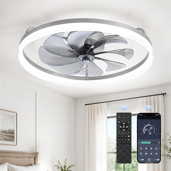 LEDIARY Ceiling Fans with Lights, 23 inch Low Profile Flush Mount Ceiling Fan, Dimmable LED, APP & Remote Control, Quiet Reversible DC Motor, 6 Speeds, Fandelier for Bedroom, Grey