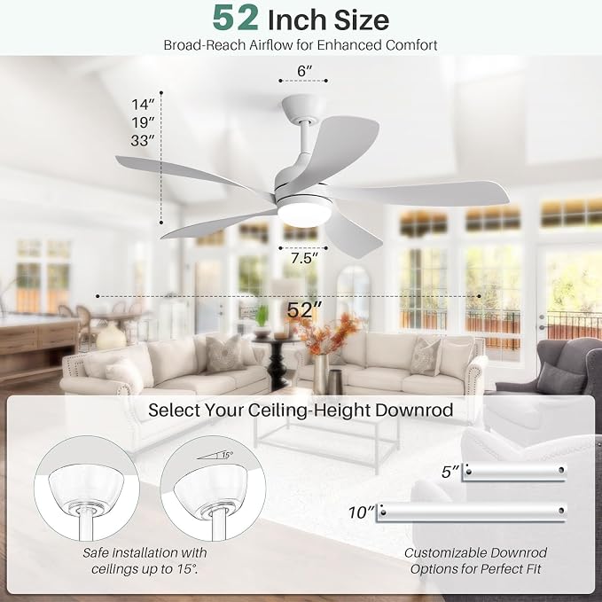 CACI Mall 52 inch White Ceiling Fans with Lights, Remote Control, Low Profile, Modern, Outdoor Ceiling Fan with with 5 Blades, Quiet Reversible DC Motor for Living Room, Bedroom, Patios