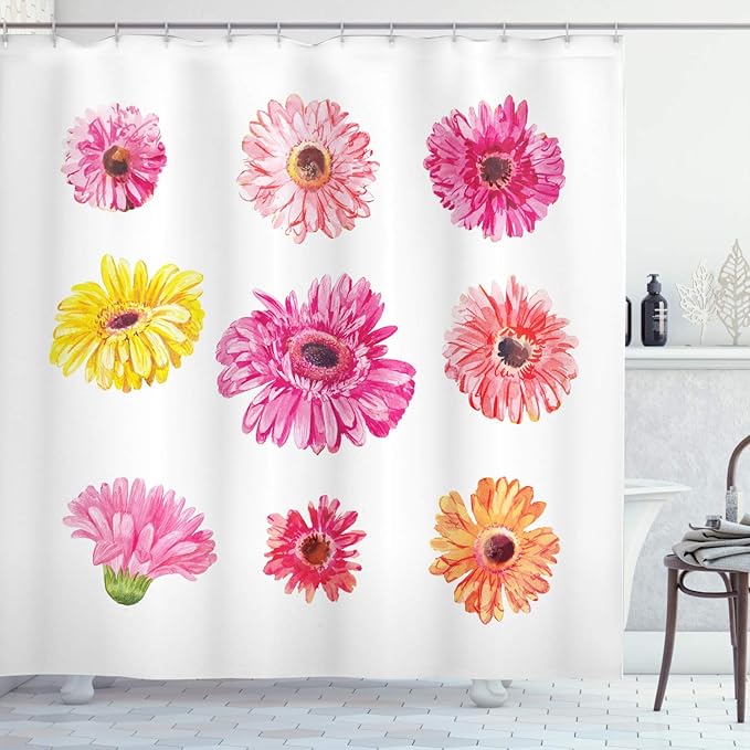 Ambesonne Daisy Shower Curtain, Gerbera Flower Heads in Pink and Yellow Shades Watercolor Aquarelle Art Floral, Cloth Fabric Bathroom Decor Set with Hooks, 69" W x 75" L, Multicolor