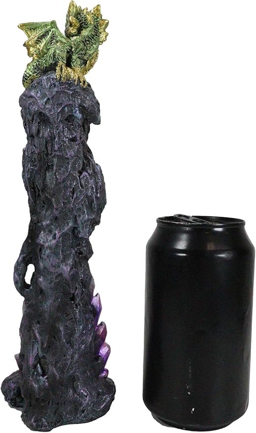Ebros Gift Green Gaia Baby Dragon Guarding Faux Geode Quartz Crystal Quarry Rock Pillar Incense Burner Holder Figurine 10" High Fantasy Mythical Dungeons and Dragons Home Decorative Accent Statue