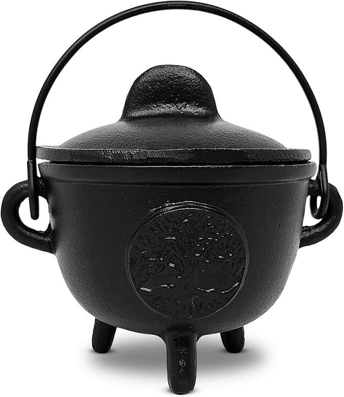 New Age Imports, Inc. Tree of Life Cast Iron Cauldron w/Handle & lid, Ideal for smudging, Incense Burning, Ritual Purpose, Decoration, Halloween Decoration, Candle Holder, etc. (Tree of Life - BR94)