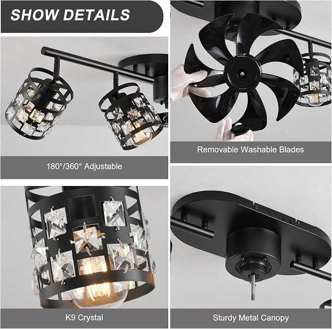 Garwarm Ceiling Fans with Lights and Remote,39.3" Kitchen Ceiling Fan,360° Rotatable Lampheads Bladeless Black Fandelier Flush Mount Ceiling Fans for Bedroom Dining Room Living Room（6 Speed, Timing）