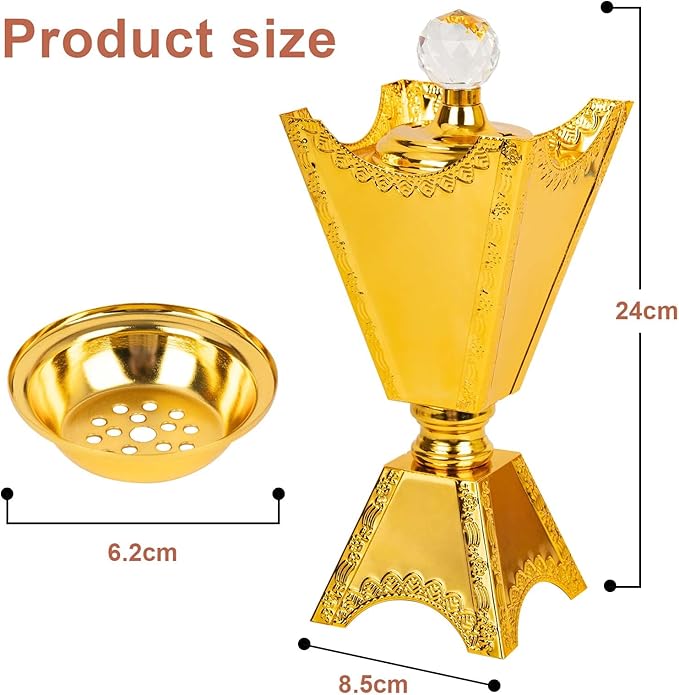 Large Gold Incense Burner Holder, Bakhoor Frankincense Charcoal Censer Resin Stand, Ideal for Aromatherapy Yoga Spa, Home Christian Church Decor 9.43" (Gold Burner)