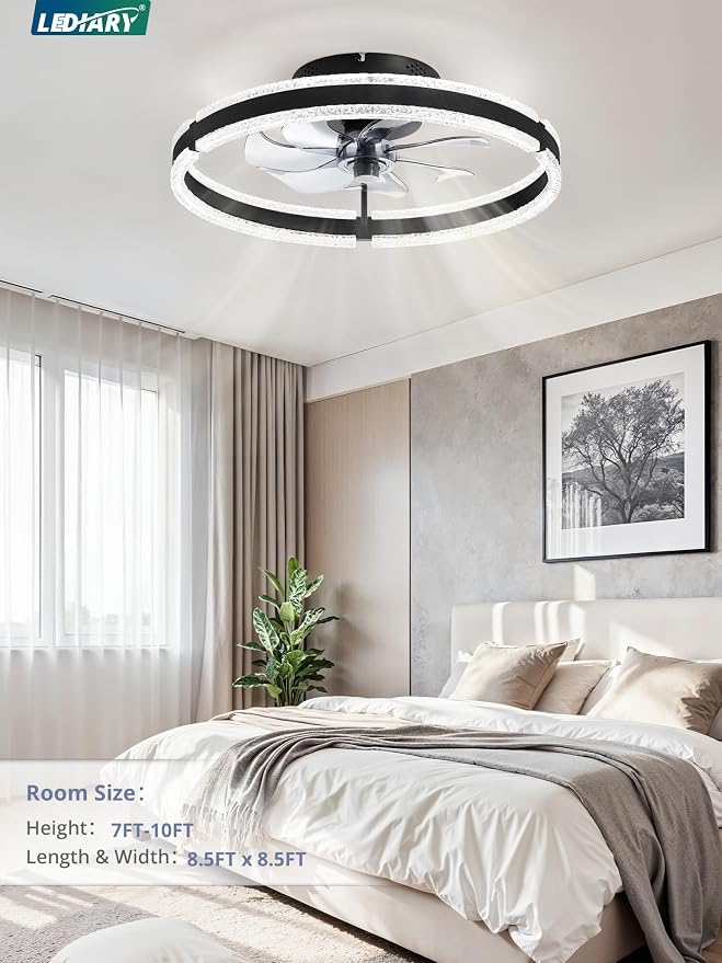 LEDIARY Ceiling Fans with Lights and Remote, 20'' Low Profile Ceiling Fan with Light, 3000-6000K Dimmable Fandelier Ceiling Fans, Modern Flush Mount Fan Light for Bedroom with 6 Wind Speeds- Black