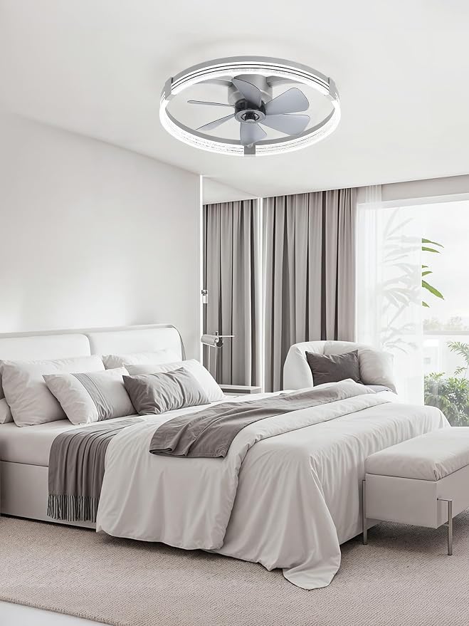 ZMISHIBO Low Profile Ceiling Fans with Lights, Flush Mount Modern Ceiling Fan and Remote Control, 23" LED Ceiling Fans, Stepless Dimmable 3 Colors and 6 Speeds (Grey, 23")