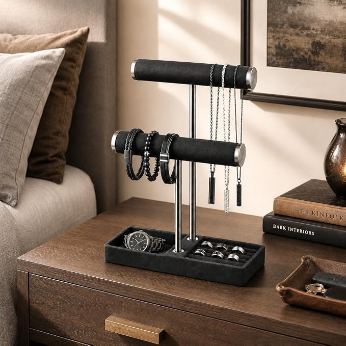 bussdis 2 Tier Bracelet Holder Display, Necklace Holder Organizer, Black | Velvet Necklace Holder | Jewelry Tree | Jewelry Towers | Jewelry Stand Organizer for Necklaces, Bracelets, Earrings, Rings