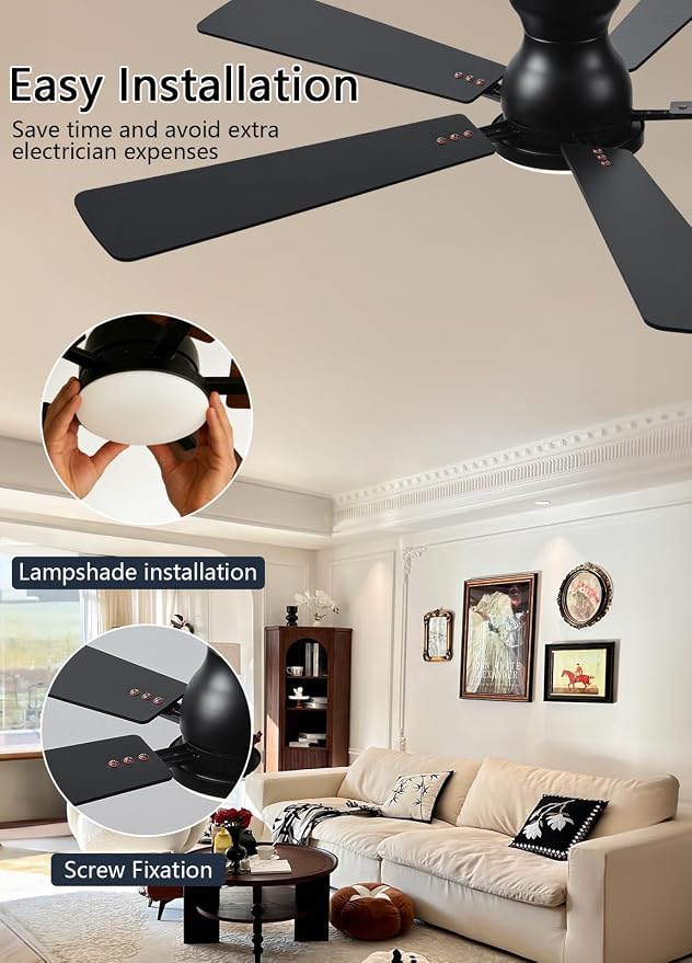 JSAITEE Ceiling Fans with Lights, 52Inch Low Profile Ceiling Fan with Light and Remote/App Control, Modern Flush Mount Brown Ceiling Fan, 3CCT Dimmable, Reversible DC Motor, for Living Room,Bedroom