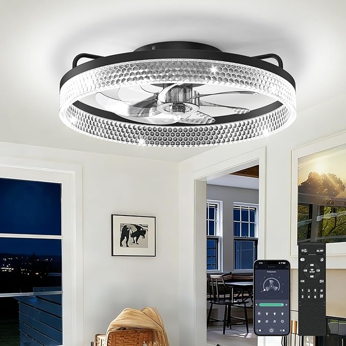 AIKVSXER Ceiling Fan with Lights and Remote, 20in Modern Ceiling Fans | 3000K-6500K Smart Ceiling Fans with Lights, Low Profile Flush Mount Ceiling Fan with Light, Quiet Ceiling Fan for Bedroom