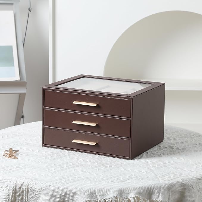 Frebeauty Jewelry Box for Women,Clear Lid Jewelry Organizer with 3 Drawers | Faux Leather,Velvet Lining,3 Layers,Jewelry Storage for Ring Earring Stud,Dustproof Design,Gift Choice,Golden Stylish Handle