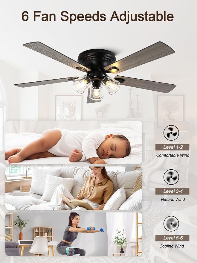 52 Inch Flush Mount Farmhouse Ceiling Fan with Lights and Remote | Rustic Fandelier Ceiling Fan, Low Profile Chandelier, 5 Dual Blade, for Bedroom Living Room, Reversible DC Motor 6 Speeds