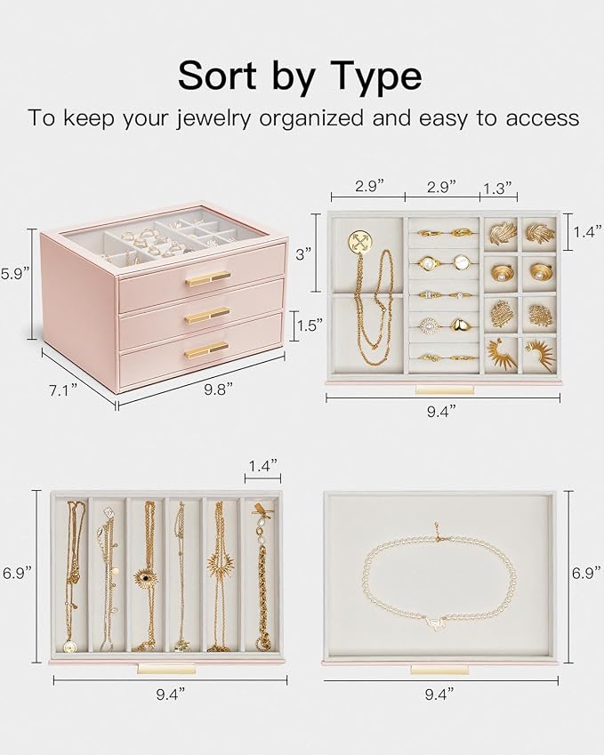 VLANDO Jewelry Box for Women, Glass Lid Jewelry Organizer with 3 Drawers for Necklaces Rings Earrings Bracelets Mother Day Gift for Mom - Dark Pink