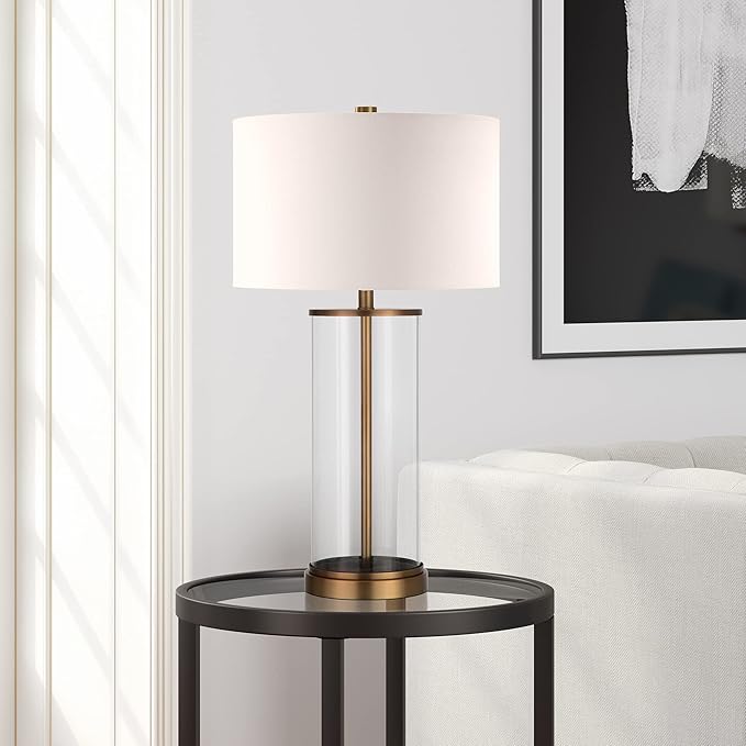 Henn&Hart 28" Tall Table Lamp with Fabric Shade in Antique Brass/White, Lamp, Desk Lamp for Home or Office