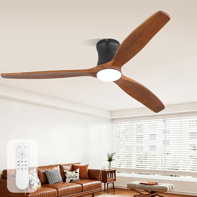 Sofucor 52 Inch Low Profile Ceiling Fan with Lights and Remote | Outdoor Modern Flush Mount, 6-Speed 3-CCT with Timer, 3 Wood Blades, For Bedroom Living Room Patios