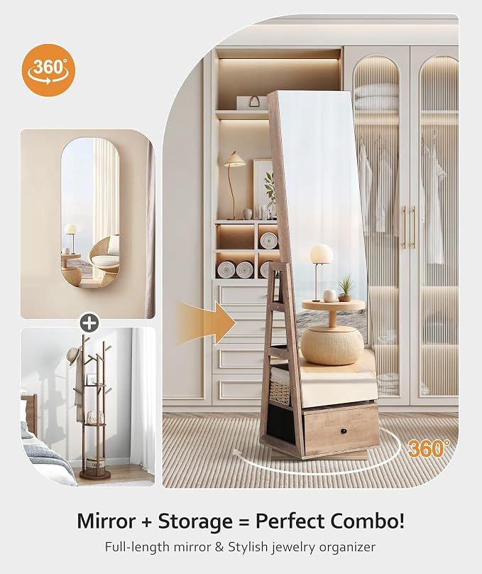 Nicetree 360°Swivel Jewelry Cabinet, Rotatable Full Length Mirror with Jewelry Storage, Standing Jewelry Armoire Organizer, Lockable Jewelry Organizer with 3 Rear Shelves, Bottom Drawer, Oak