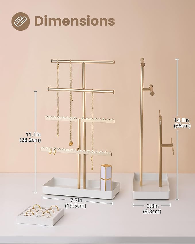 Lolalet 4-Tier Jewelry Organizer Stand, Metal Jewellery Holder, Dresser Display Rack for Necklace Earring Bracelets Rings, Gift for Women Girls -Gold