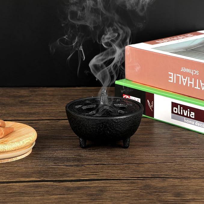JUXYES Vintage Tripod Incense Burner Holder with Lid, Cast Iron Incense Holder Metal Cauldron Censer Antique Cone Coil Incense Burner Holder for Incense Resins, Charcoal, Cones or Wax Melts