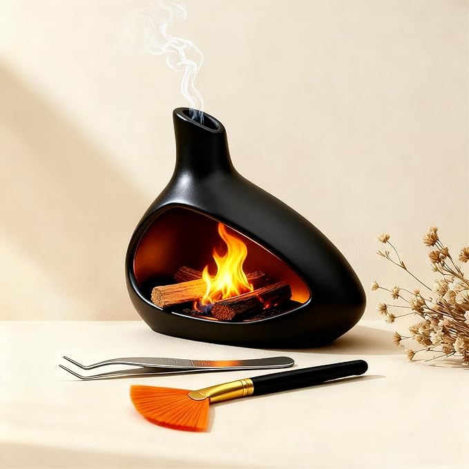 Palo Santo Holder, Ceramic Incense Burner for Sticks Sage Holders Cone Burning Smudge Bowl with Ash Brush for Meditation Yoga Spa Room Decor (Black)
