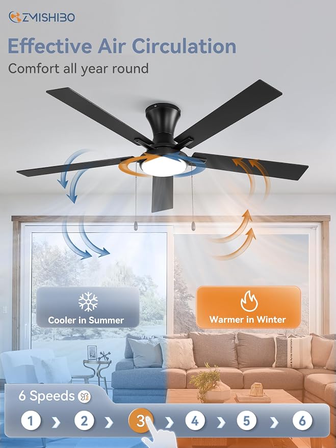 ZMISHIBO Ceiling Fans with Lights, Low Profile Ceiling Fan with Pull Chain and Remote Control, Flush Mount, Reversible, Dimmable, Noiseless, White Pull Cord Ceiling Fan for Bedroom(60inch Black)