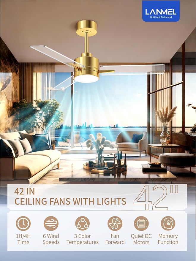 LANMEL 42 Inch Metal Ceiling Fan with Light, Modern Flush Mount Low Profile with Remote Control, Reversible, 3cct Dimmable, Quiet, Gold Transp LED for Bedroom, Living Room, Indoor/Outdoor Patio Use