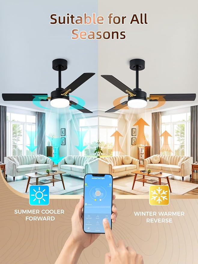 LANMEL 42 Inch Ceiling Fans with Lights, App&Remote Control, Low Profile Modern Ceiling Fan, 6 Speed, Reversible, 3000k-6500k Dimmable LED, Quiet DC Motor for Indoor Outdoor Use, Gold Black
