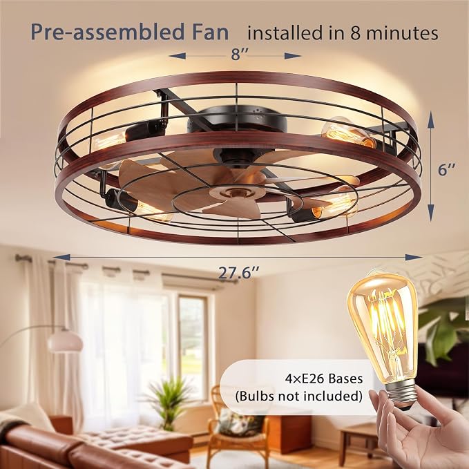 VOLISUN 27.6'' Caged Ceiling Fan with Light and Remote,Rustic Low Profile Ceiling Fan with Light Flush Mount, Farmhouse Bladeless Fandelier Ceiling Fans with Lights for Kitchen,Bedroom-Wood
