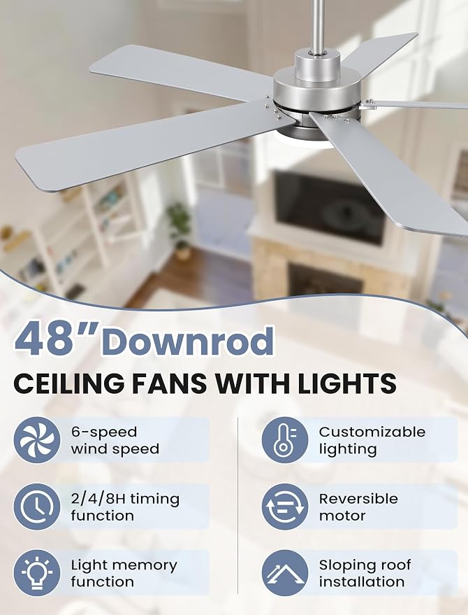 48 Inch Ceiling Fan with Lights and Remote, Downrod Mount, Sloped Ceiling Compatible up to 15°, Quiet Reversible DC Motor, 3CCT Dimmable LED, Nickel Ceiling Fan for Bedroom Living Room