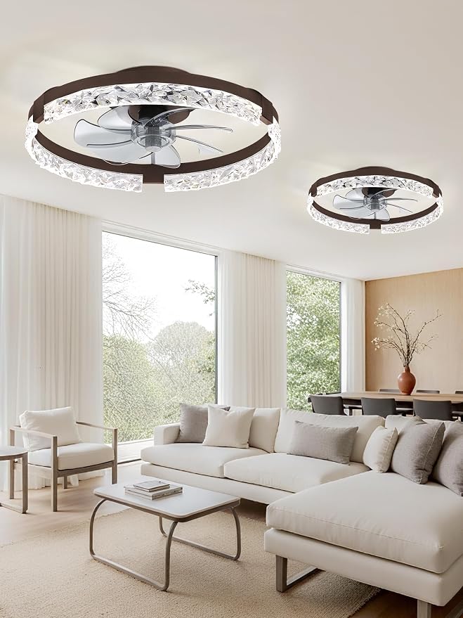 LEDIARY 2 Pack 20 Inch Ceiling Fans with Lights and Remote, Fandelier Modern Low Profile Ceiling Fan, 3000K-6000K Dimmable LED Fan Light, Brown Flush Mount Ceiling Fans with Lights for Bedroom