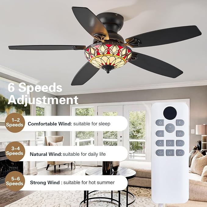 Tiffany Ceiling Fans with Lights - 48" Ceiling Fan Chandelier with 5 Dual-Blades and Glass Shade, 6 Speeds and Reversible, Indoor and Outdoor, Retro Style