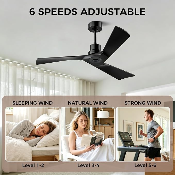 Obabala Ceiling Fan 52 Inch with Remote, Solid Wood Blades DC Motor 5000 CFM Quiet 35dB, Reversible 6 Speed Modern Farmhouse for Bedroom Living Room Indoor Outdoor, No Light with Downrod