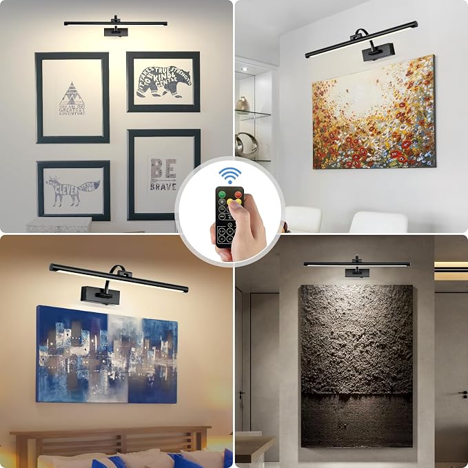 Tassuowell Picture Light Battery Operated with Remote, 3CCT Dimmable Picture Light for Paintings, Black Rechargeable 24 inch Battery Operated Wall Sconce for Art Lighting Gallery Portrait Artwork