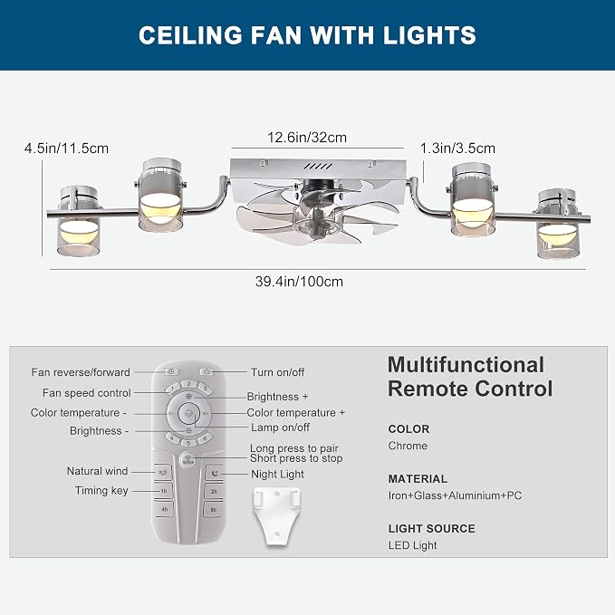 Qcyuui Ceiling Fans with Lights and Remote,39.4" Low Profile Ceiling Fan Dimmable Fandelier Ceiling Fan with Light 360° Rotatable Lightheads Modern Flush Mount LED Fan Light for Bedroom Kitchen