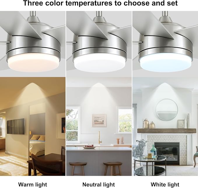 YUHAO 44 Inch Brushed Nickel Ceiling Fan with Light and Remote Control.Noiseless,Dimmable,3CCT,6 Speeds Reversible, DC Ceiling Fans for Indoor or Covered Outdoor Use.ETL Listed