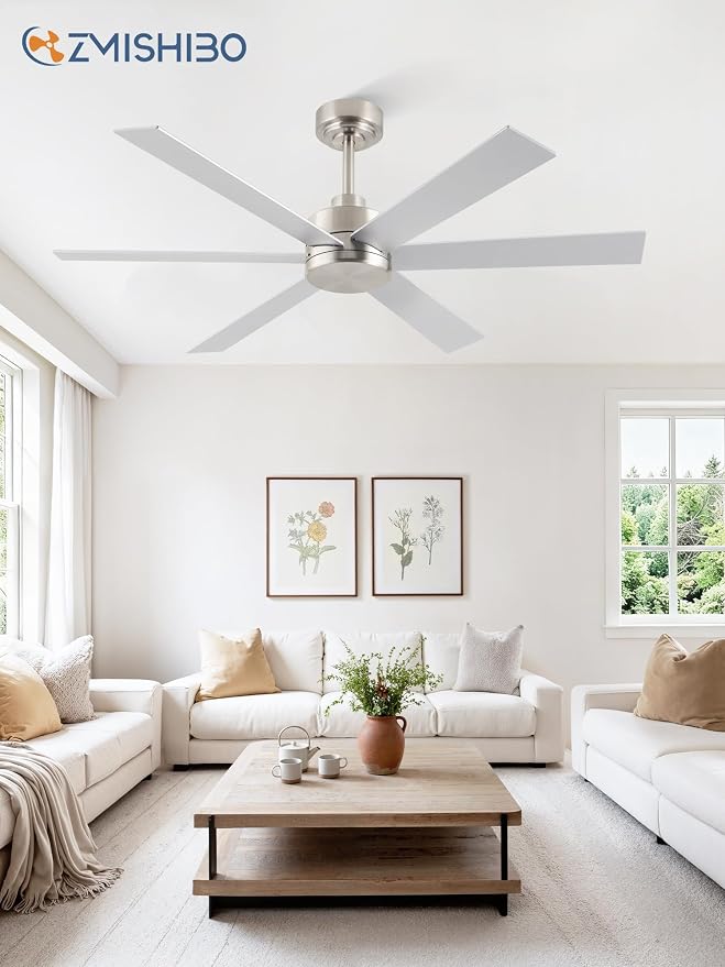 ZMISHIBO 48 Inch Ceiling Fans No Light, Brushed Nickel Ceiling Fan Wth No Light, 6 Blades, Quiet Reversible DC Motor, 6-Speeds, Ceiling Fan Modern for Living Room, Bedroom, Office, Indoor/Outdoor Use