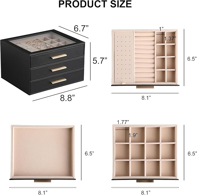 Frebeauty Jewelry Box for Women,Clear Lid Jewelry Organizer with 3 Drawers | Faux Leather,Velvet Lining,3 Layers,Jewelry Storage for Ring Earring Stud,Dustproof Design,Gift Choice,Golden Stylish Handle