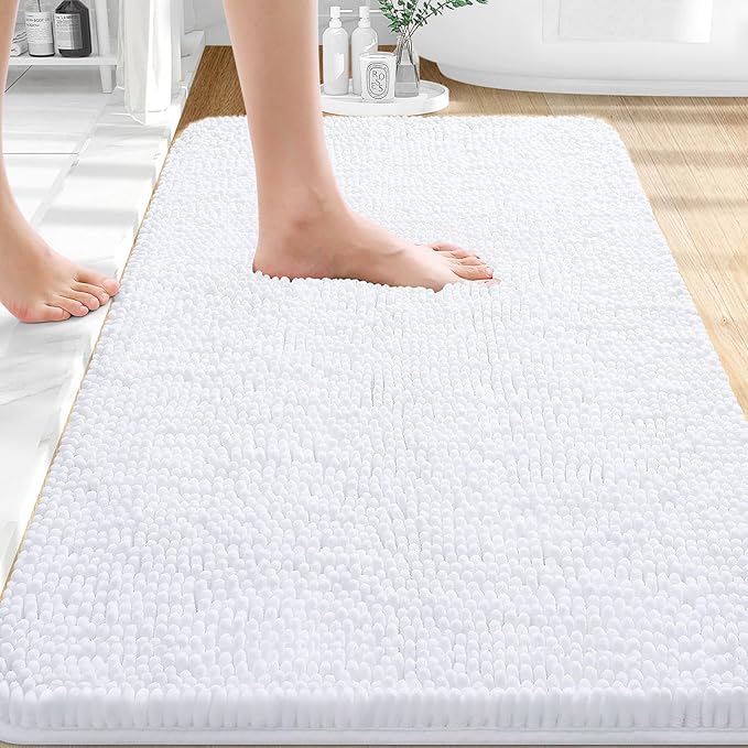 OLANLY Bathroom Rugs 30x18, Extra Soft Absorbent Chenille Bath Rugs, Rubber Backing Quick Dry, Machine Washable Bath Mats for Bathroom Floor, Tub and Shower, Home Decor Accessories, White