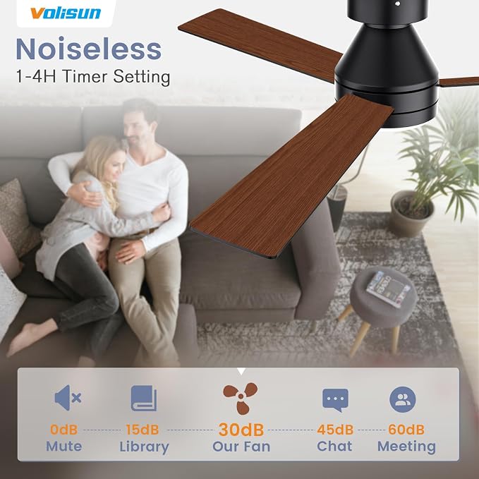 VOLISUN Ceiling Fans with Lights Flush Mount, 52 inch Low Profile Ceiling Fan with Light and Remote, Queit & Reversible Motor,3CCT, Dimmable, Black Modern Ceilings Fans for Bedroom, Living Room