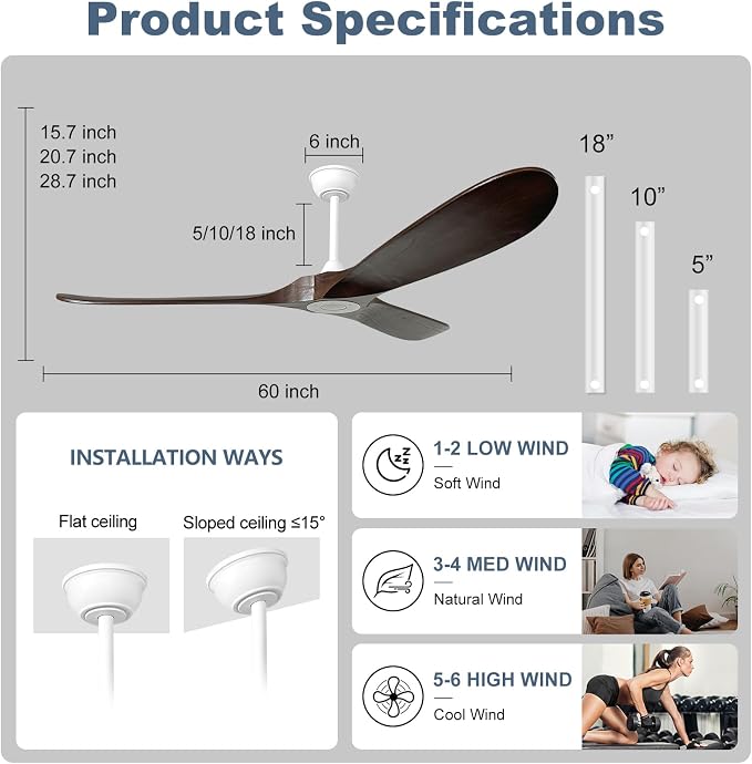 60 inch Ceiling Fan without Light,3 Solid Wood Blades Dark Walnut Finished,Outdoor Ceiling Fan for Living Room,Patio,Porch(White+Dark Walnut)