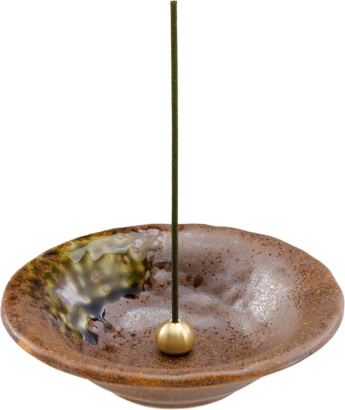 Asayu Japanese Small Incense Holder for Sticks 4.88 inch (124mm), Traditional Made in Japan Ceramic Ash Catcher and Brass Incense Burner Set - Brown