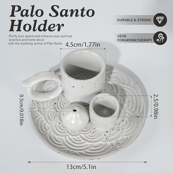 MOUGIGI 5-in-1 White Ceramic Palo Santo Burner & Holder - Small Candle and Smudge Tray for Incense Sticks & Cones, Sage, Zen Meditation Altar Accessory – Compatible with Matches for Aromatic Scents