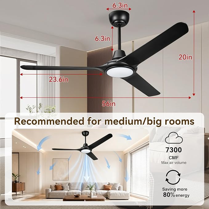 56" Ceiling Fans with Lights,Low Profile Ceiling Fan with Lights and Remote Control,Smart Ceiling Fan,Noiseless Reversible DC Motor,3 Blade Black Ceiling Fans,Ceiling Fan for Indoor/Outdoor
