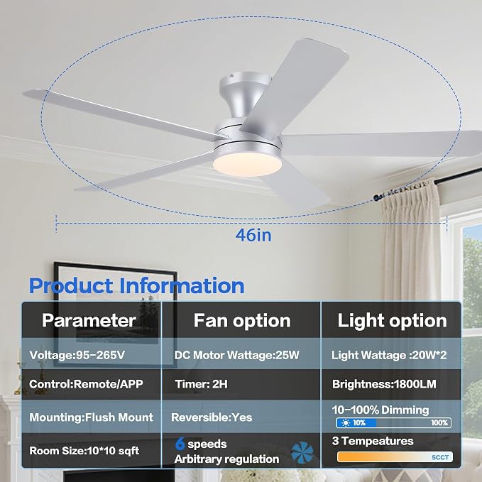 Ayaoty 46" Ceiling Fans with Lights and Remote - Flush Mount Ceiling Fan Light with ABS Blades and 3CCT Dimmable, Reversible, Low Profile Fan Light for Indoor Modern Bedroom, Kitchen Silver