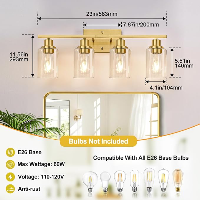Indoi 4-Light Bathroom Light Fixtures, Brushed Gold Modern Vanity Lights with Clear Glass Shades, Bathroom Wall Lamp for Mirror Living Room Cabinet Bedroom Porch