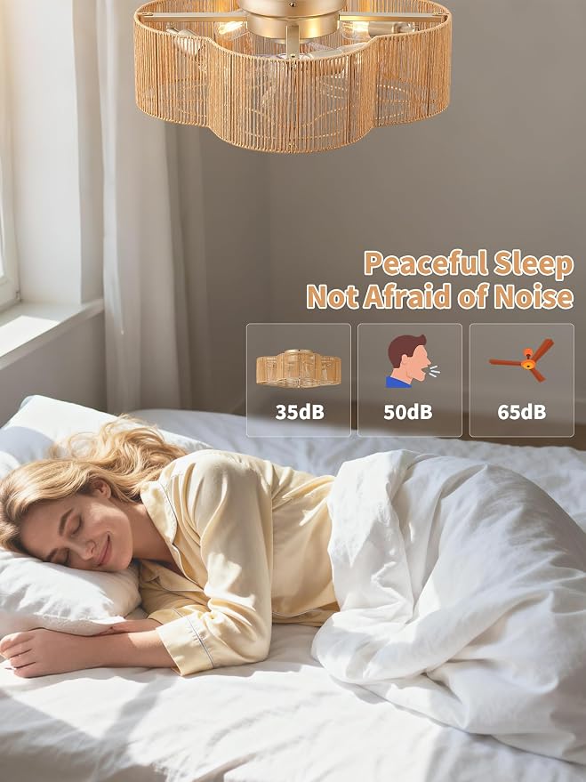 Boho Ceiling Fans with Lights, 20" Low Profile Ceiling Fan with Light Remote Control, Bladeless Flush Mount with 6 Speeds for Bedroom, Nursery, Living Room.